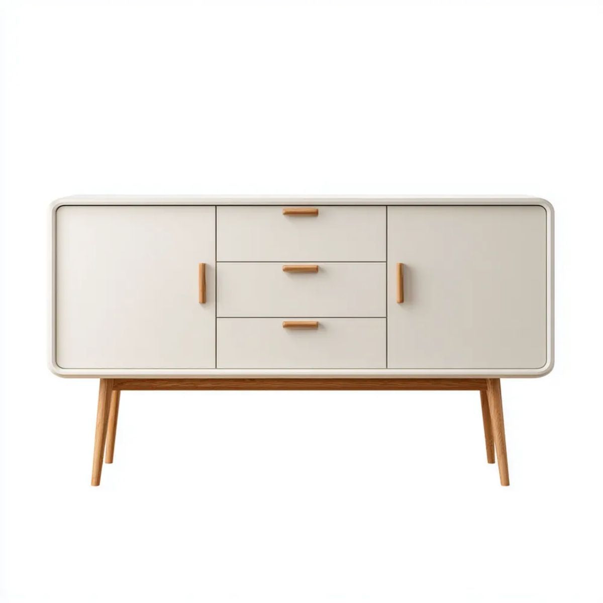 Biała komoda z płyty MDF na drewnianych nogach, 140 x 40 x 80 cm, z 3 szufladami i 2 szafkami