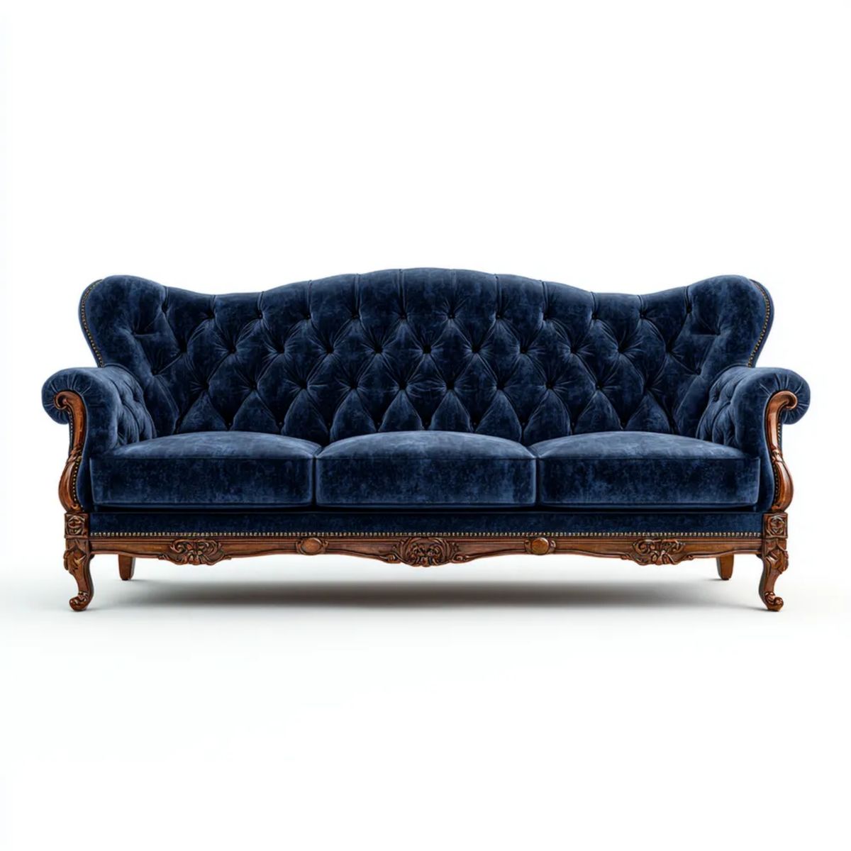 Trzyosobowa sofa Chesterfield z aksamitu, granatowo-brązowa, lite drewno, 240 × 95 × 105 cm