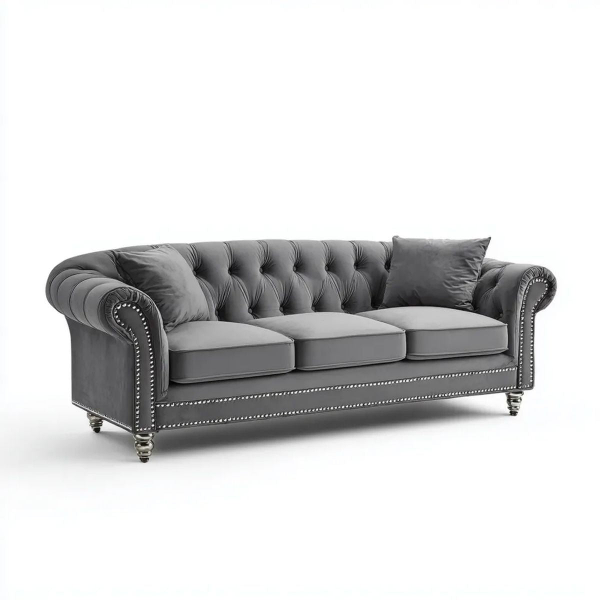 Trzyosobowa sofa Chesterfield z aksamitu, szara, 220 x 90 x 80 cm