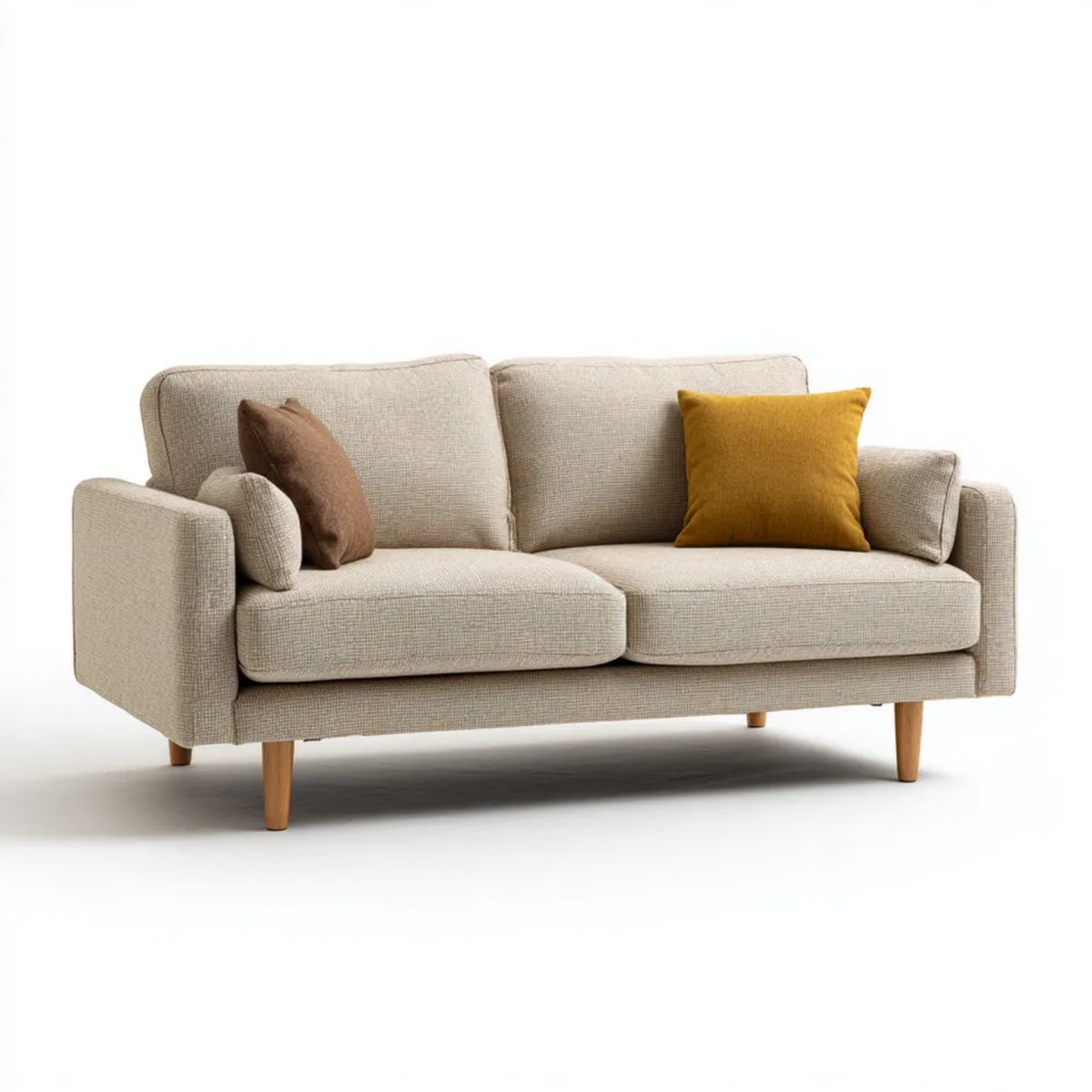 Sofa 3-osobowa beżowa z tapicerką poliestrową i drewnianymi nogami, 200 x 90 x 85 cm