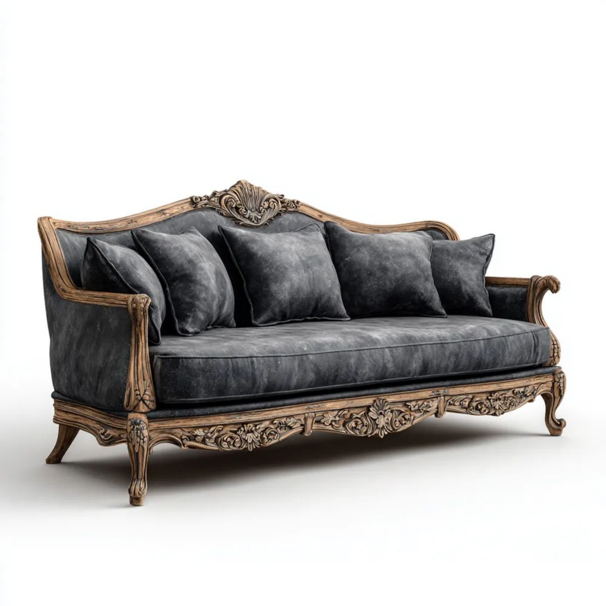 Klasyczna sofa trzyosobowa z poliestru i litego drewna, grafitowo-brązowa, 220 x 90 x 105 cm