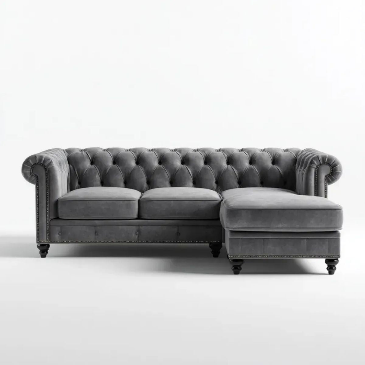 Prawostronna sofa narożna Chesterfield z szezlongiem, aksamit poliestrowy, szara, 270 × 160 × 78 cm