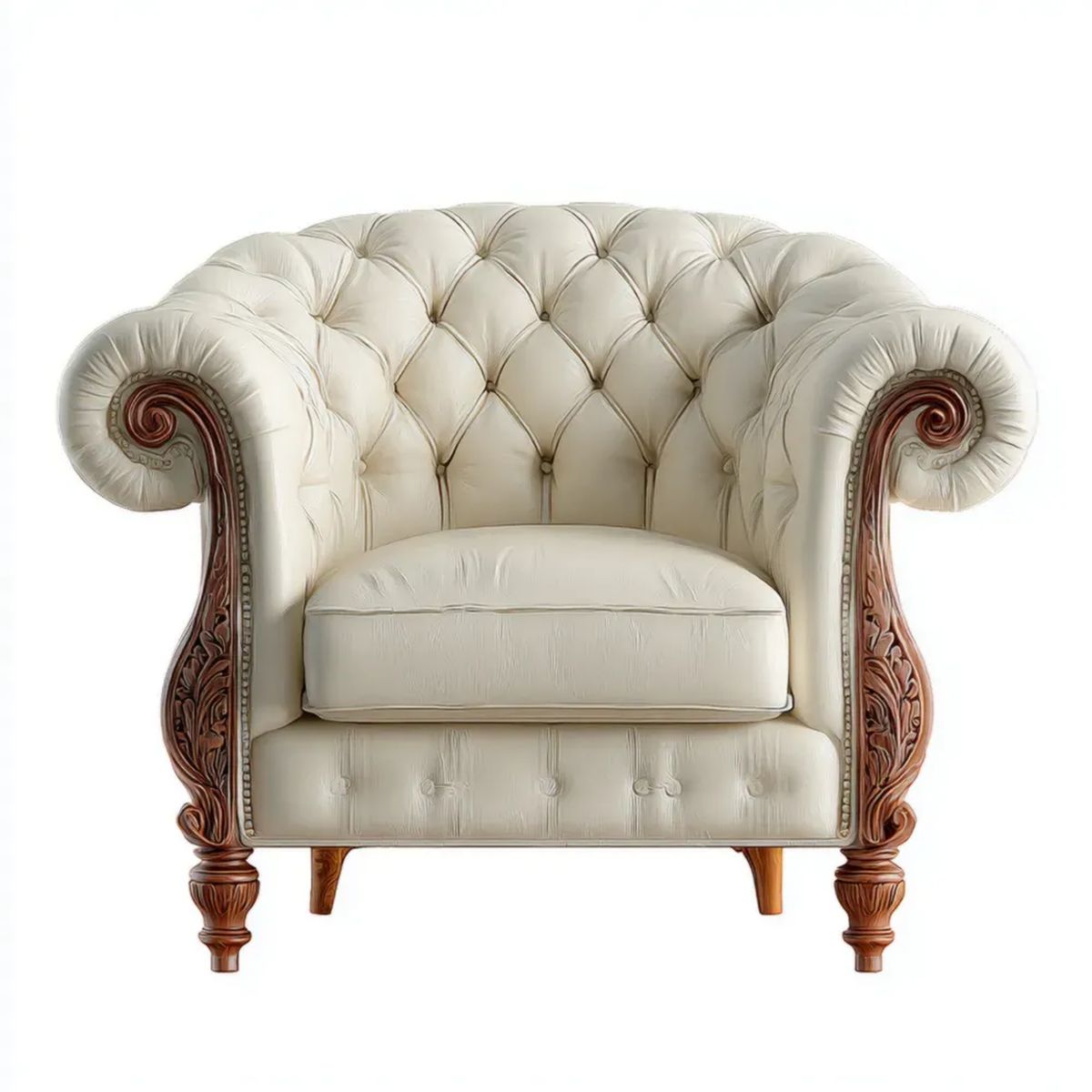 Fotel Chesterfield kremowy z tapicerką z ekoskóry PU i rzeźbionymi elementami drewnianymi, 110 × 95 × 105 cm