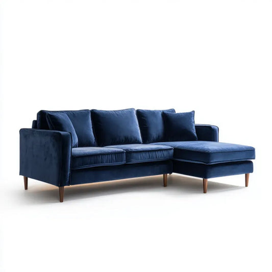 Granatowa sofa narożna z szezlongiem z poliestru, prawostronna, 240 × 160 × 85 cm