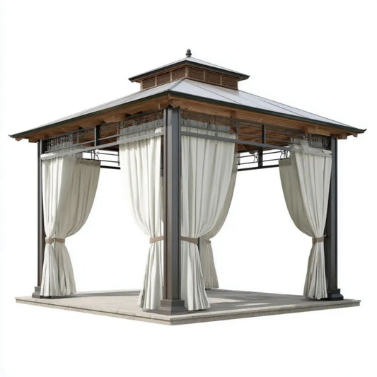 Kwadratowa altana ogrodowa z aluminium i stali antracytowa 300 × 300 × 320 cm z kremowymi zasłonami