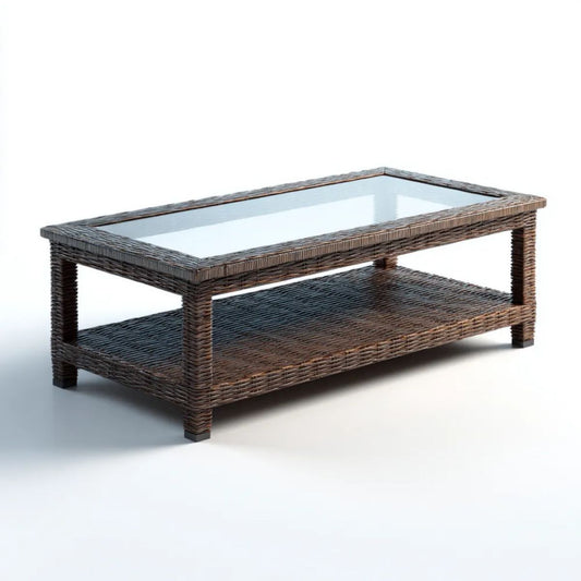 Prostokątny stolik kawowy z półką, brązowy, rattan syntetyczny i szkło, 100 x 50 x 45 cm