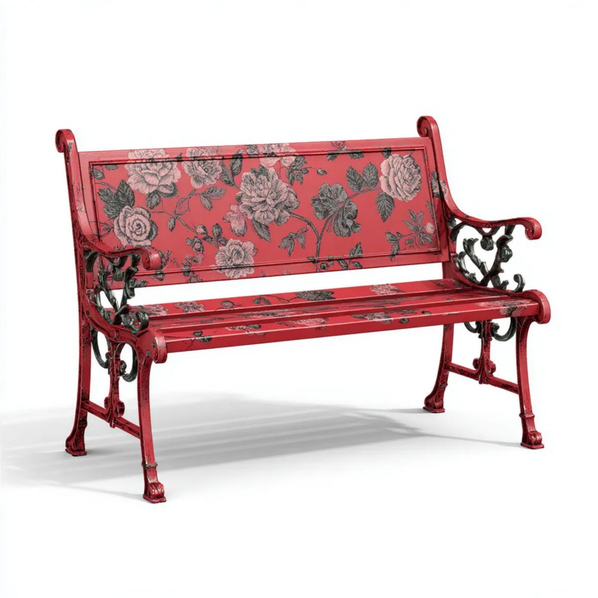 Czerwona aluminiowa ławka ogrodowa 3-osobowa 127 x 61 x 85 cm z motywem kwiatowym