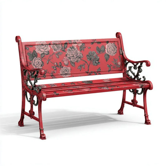 Czerwona aluminiowa ławka ogrodowa 3-osobowa 127 x 61 x 85 cm z motywem kwiatowym