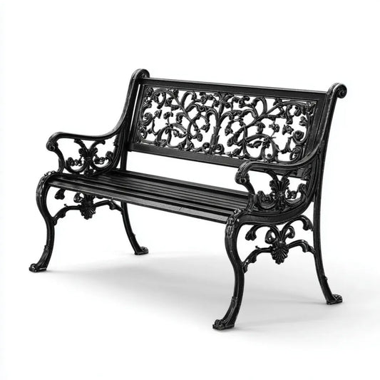 Czarna metalowa ławka ogrodowa z odlewu aluminiowego 120 × 60 × 82 cm