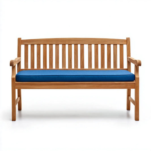 Dwuosobowa ławka ogrodowa z litego drewna tekowego 120 x 65 x 90 cm brązowa z niebieską poduszką