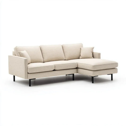Prawostronna sofa narożna z szezlongiem, tapicerka poliestrowa, beżowo-czarna, 260 × 160 × 85 cm