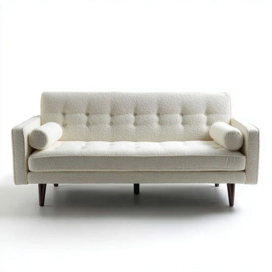 Kremowa sofa dwuosobowa z tapicerką boucle, drewnianymi nogami i poduszkami 165 × 82 × 85 cm