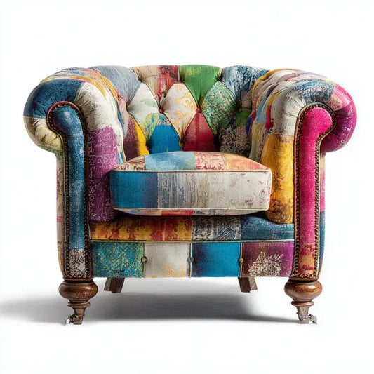Fotel Chesterfield patchwork wielokolorowy z tapicerką tekstylną, 110 x 95 x 78 cm