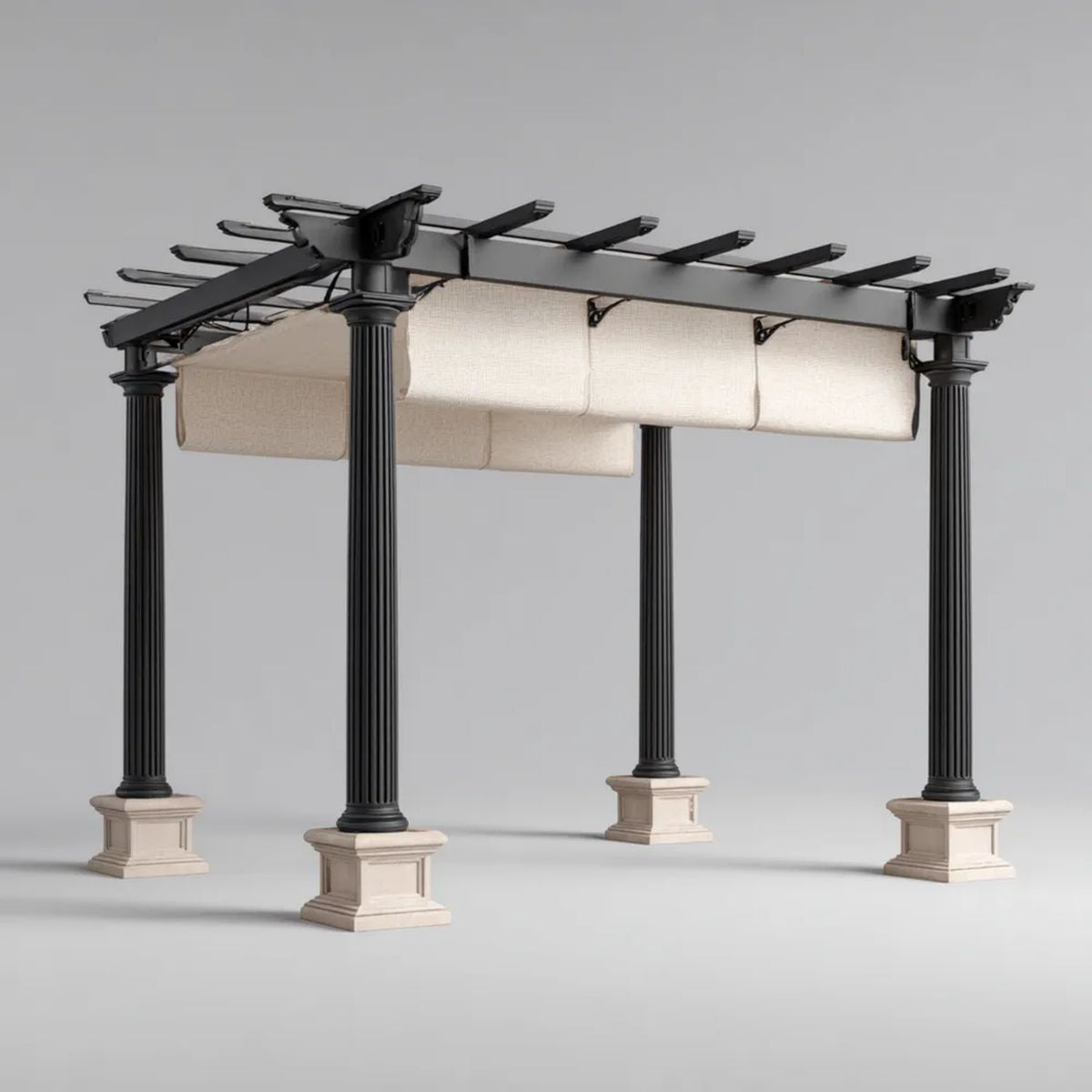 Pergola ogrodowa aluminiowa 400 × 300 × 250 cm, czarna, z 3 beżowymi roletami