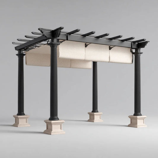 Pergola ogrodowa aluminiowa 400 × 300 × 250 cm, czarna, z 3 beżowymi roletami