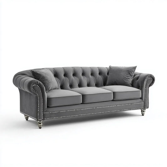 Trzyosobowa sofa Chesterfield z aksamitu, szara, 220 x 90 x 80 cm