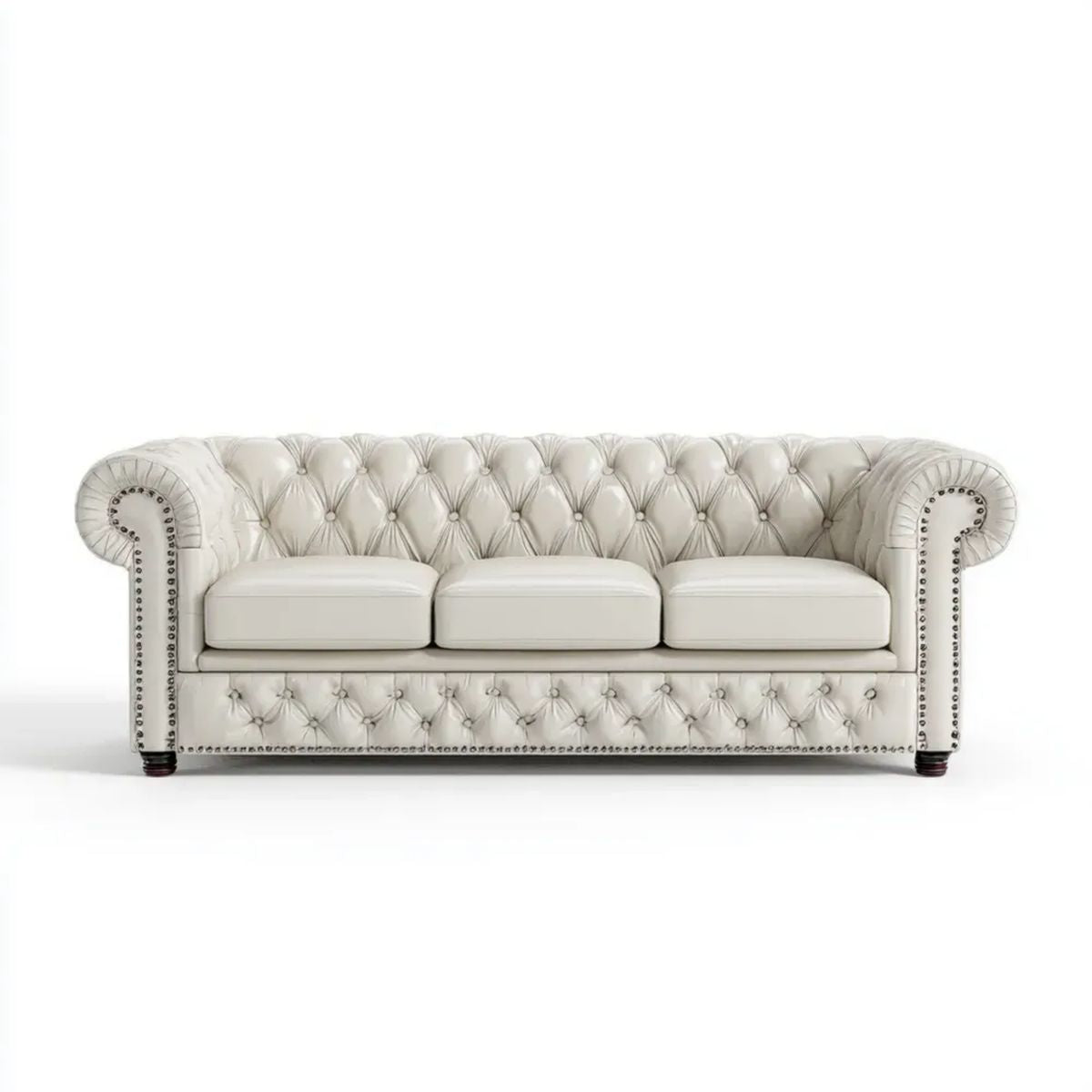 Trzyosobowa sofa Chesterfield ze skóry syntetycznej, kremowa, 225 x 90 x 75 cm