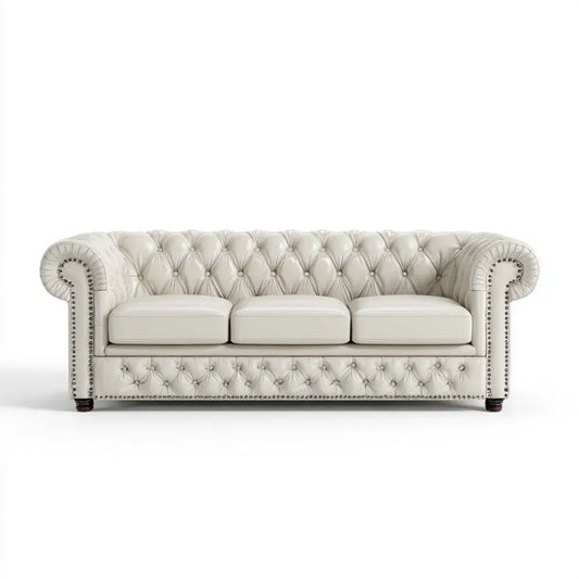 Trzyosobowa sofa Chesterfield ze skóry syntetycznej, kremowa, 225 x 90 x 75 cm