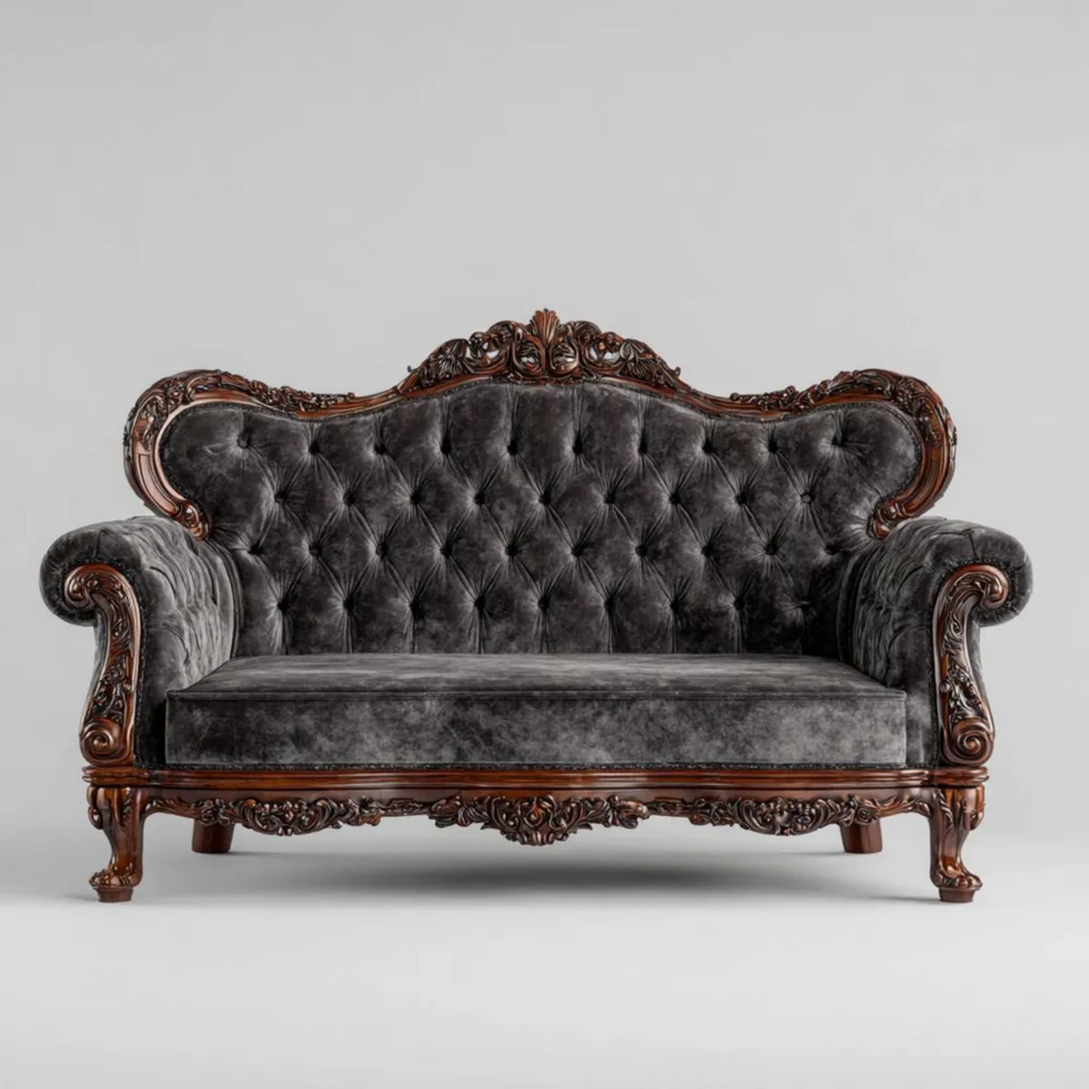Sofa 2-osobowa Chesterfield grafitowa, aksamitna, drewniana, 170 x 85 x 110 cm