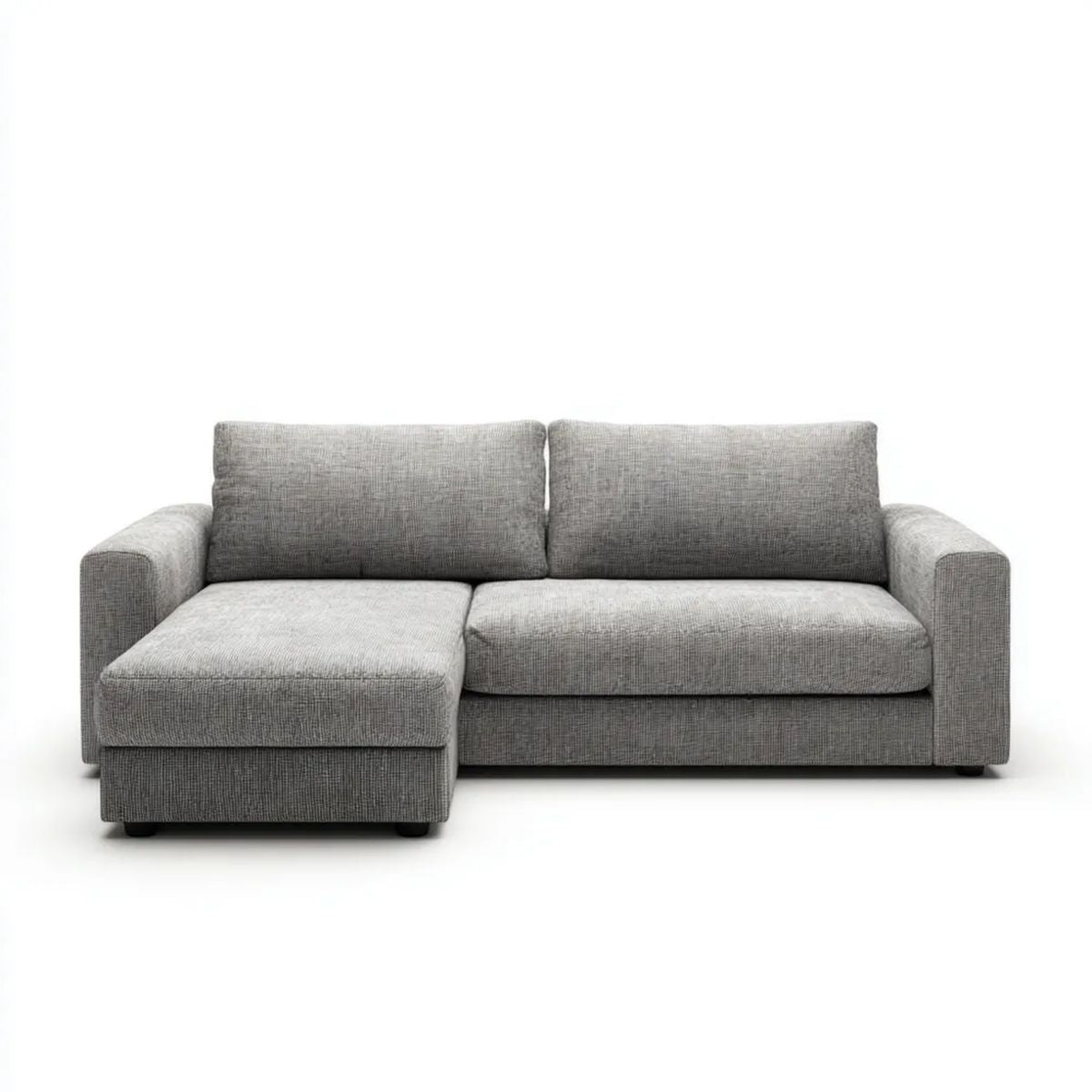 Szara sofa narożna z lewym szezlongiem, tapicerką poliestrową i czarnymi nóżkami, 230 × 150 × 85 cm