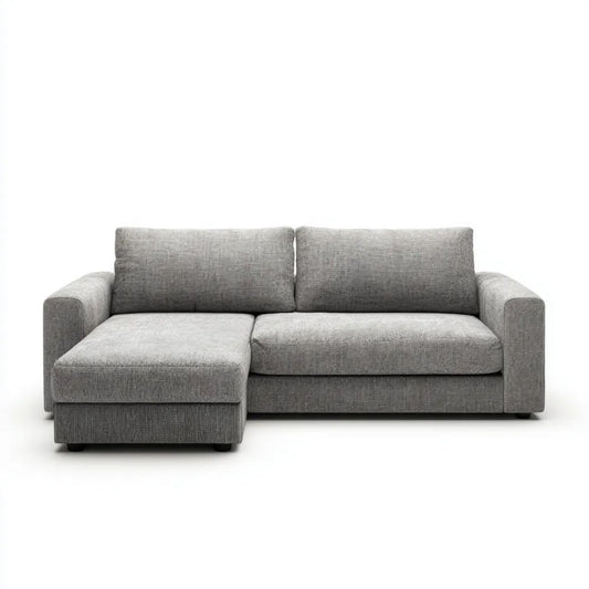 Szara sofa narożna z lewym szezlongiem, tapicerką poliestrową i czarnymi nóżkami, 230 × 150 × 85 cm