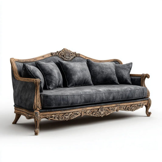 Klasyczna sofa trzyosobowa z poliestru i litego drewna, grafitowo-brązowa, 220 x 90 x 105 cm