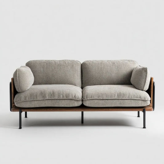 Dwuosobowa sofa szarobeżowa z tapicerką poliestrową, ramą z litego drewna i czarnymi metalowymi nogami, 160 x 80 x 78 cm