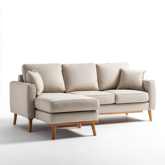 Beżowa sofa narożna z lewym szezlongiem, tapicerowana tkaniną, 250 × 160 × 85 cm