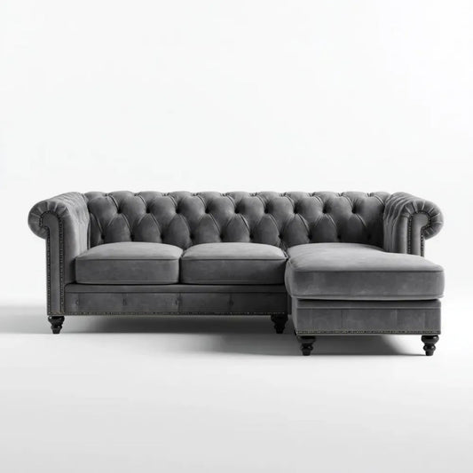 Prawostronna sofa narożna Chesterfield z szezlongiem, aksamit poliestrowy, szara, 270 × 160 × 78 cm