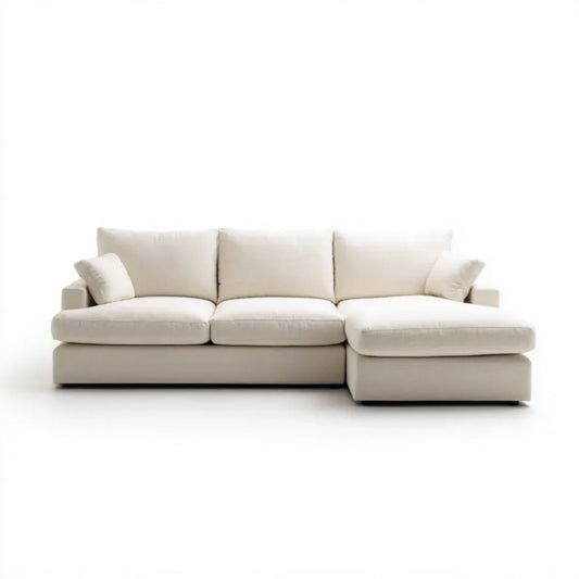 Kremowa sofa narożna z prawostronnym szezlongiem, z tkaniny poliestrowej, 270 × 160 cm